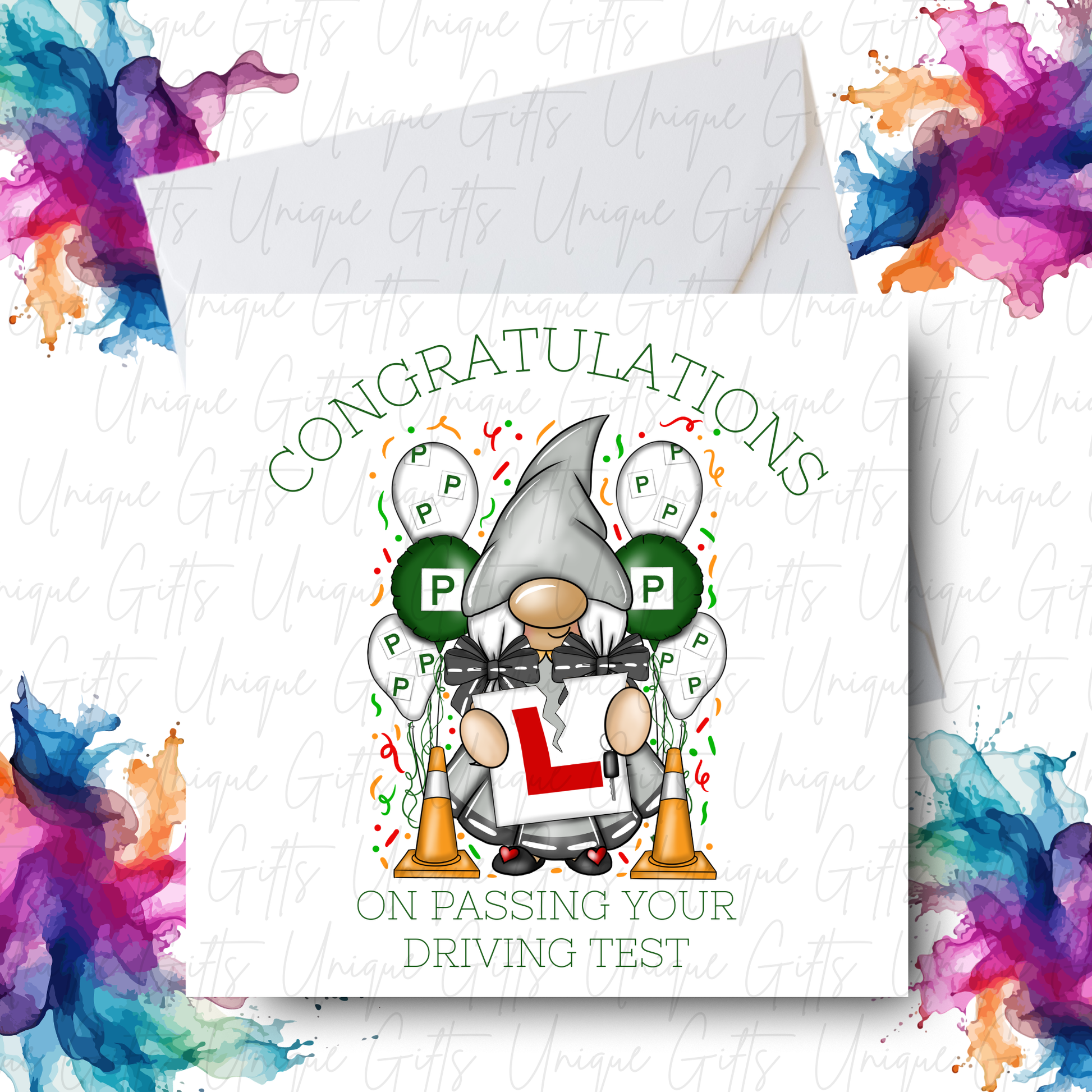 Passed driving test card with girl gonk design and colourful watercolour splash border | Unique Gifts
