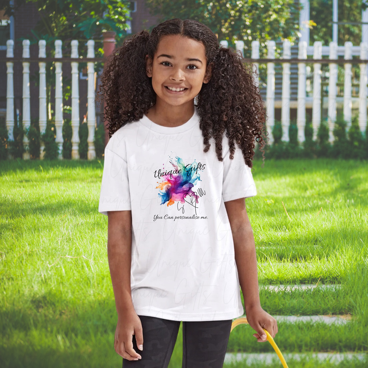 Kids' personalised performance t-shirt worn by girl – custom name and design