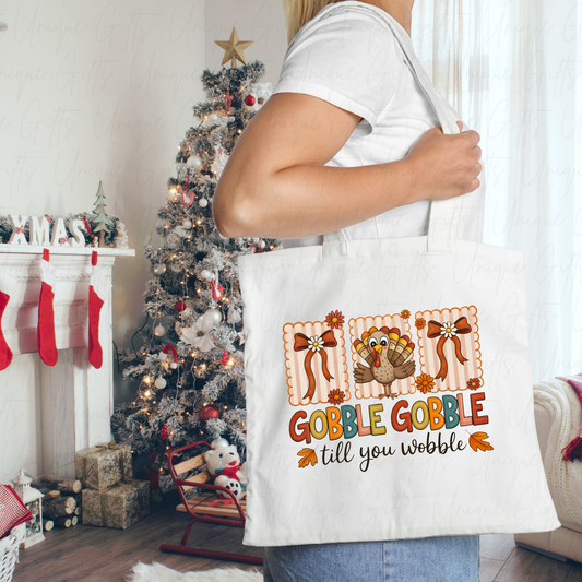 Turkey “Gobble Gobble Till You Wobble” Christmas Tote Bag – Funny Festive Holiday Gift Bag