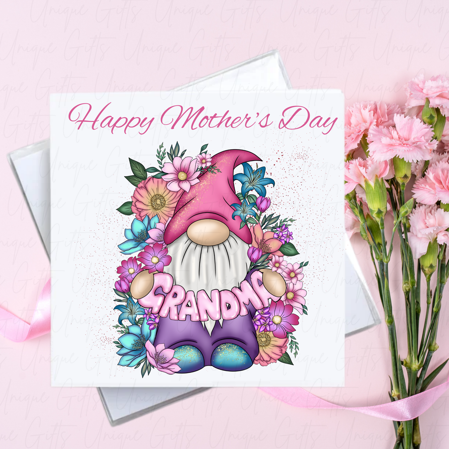 Personalised Mother's Day Card – Flower Gonk Holding Grandma – With Envelope