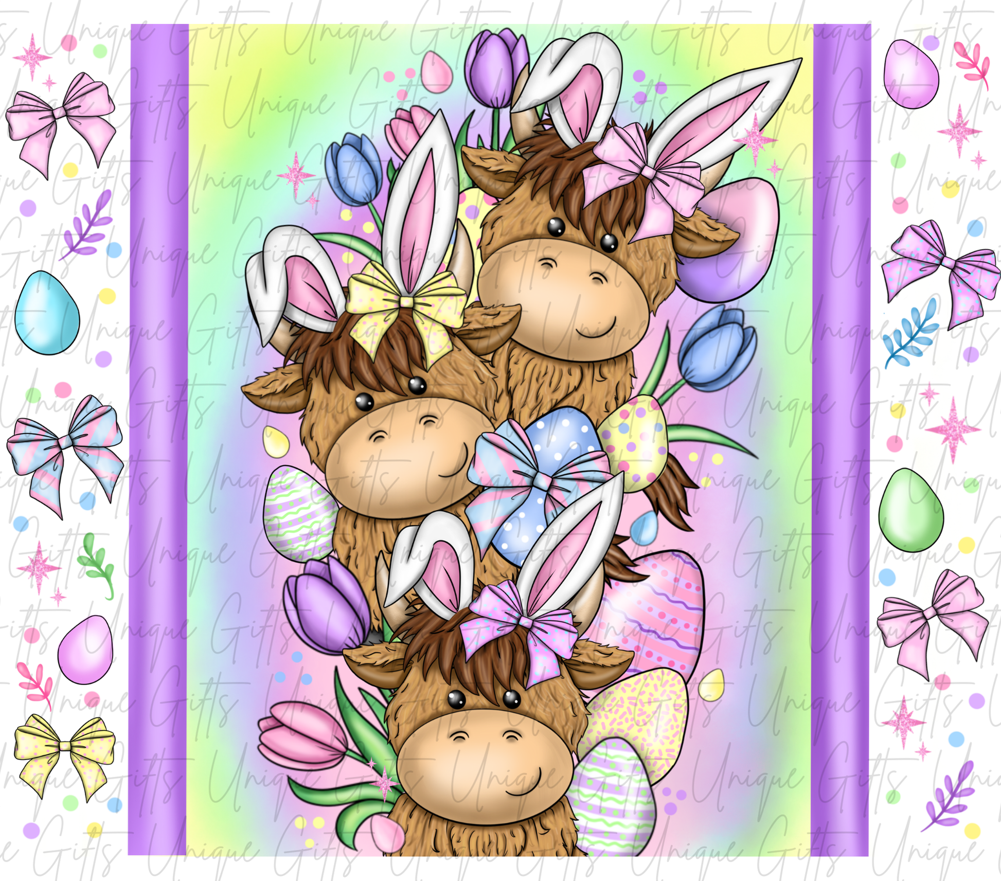 Easter highland cow tumbler close up – 3 cows in bunny ears, fun Easter gift idea