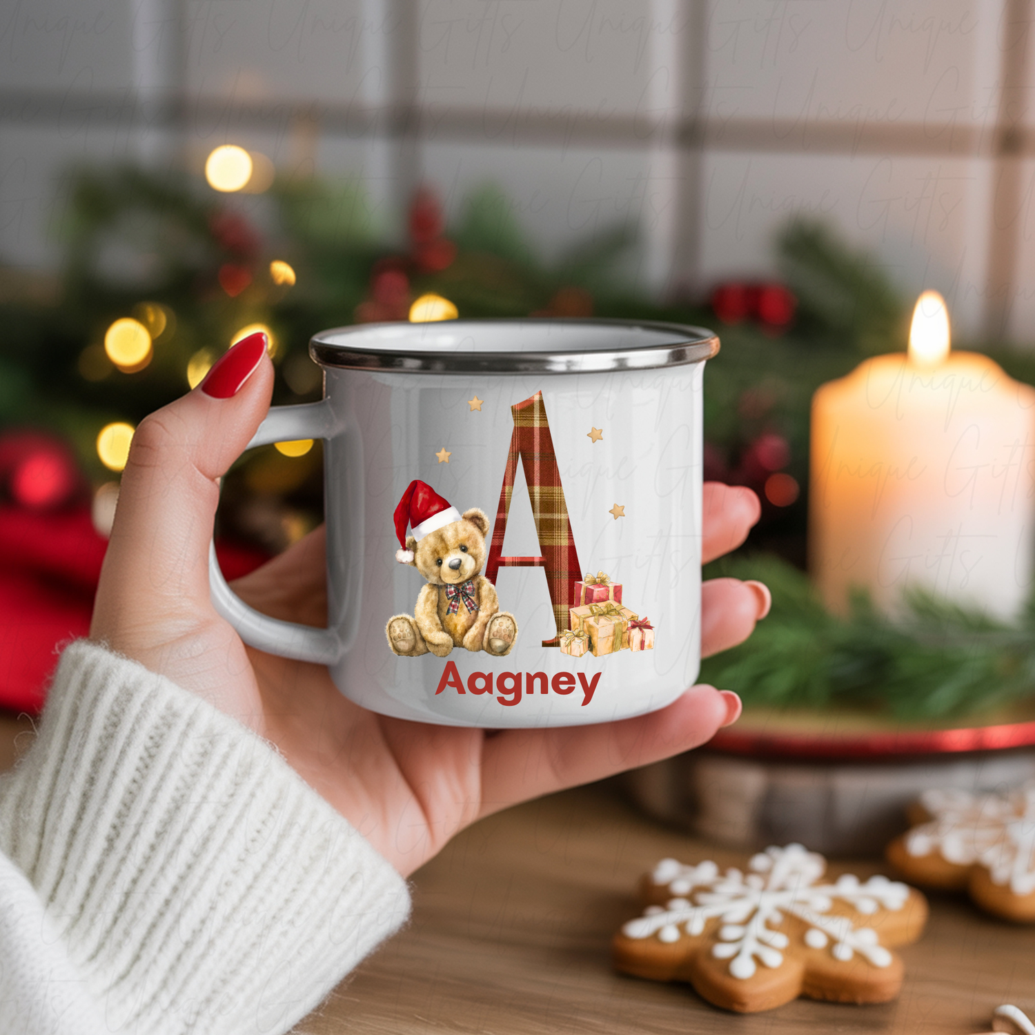 12oz Personalised Enamel Mug with Silver Rim – Christmas Bear with Initial – Vintage Style Christmas Gift