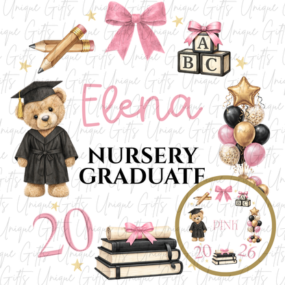 Nursery graduate 2026 card with bear and ABC blocks design with pink personalised name | Unique Gifts
