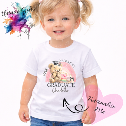 Personalised nursery graduate children's t-shirt – custom name kids tee, sizes 3-4 years to 5-6 years