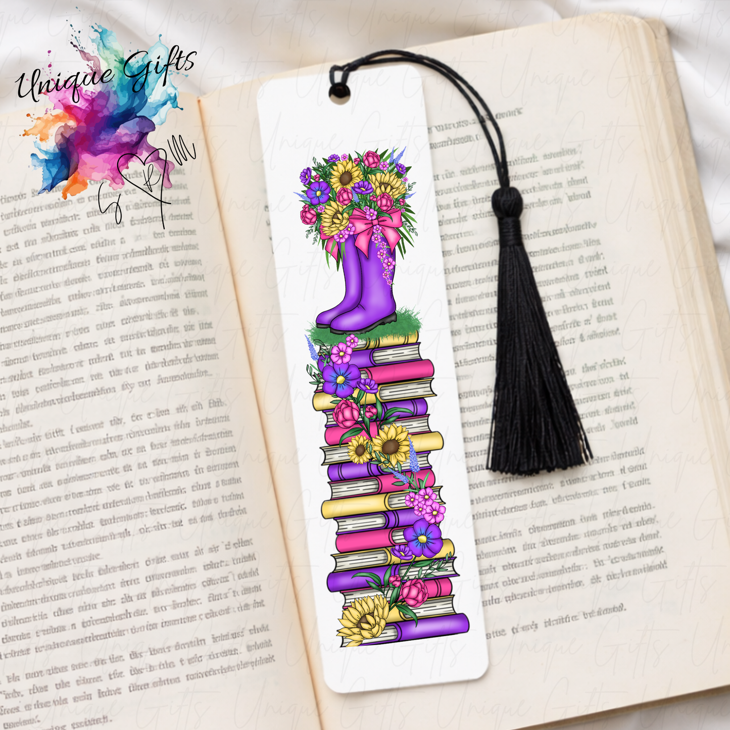 Personalised gardeners bookmark with colourful wellies and flowers – bright book stack design – aluminium with black tassel