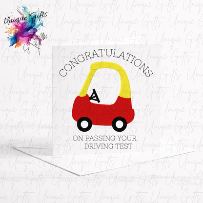 Congratulations on passing your driving test card with Little Tikes style toy car design | Unique Gifts