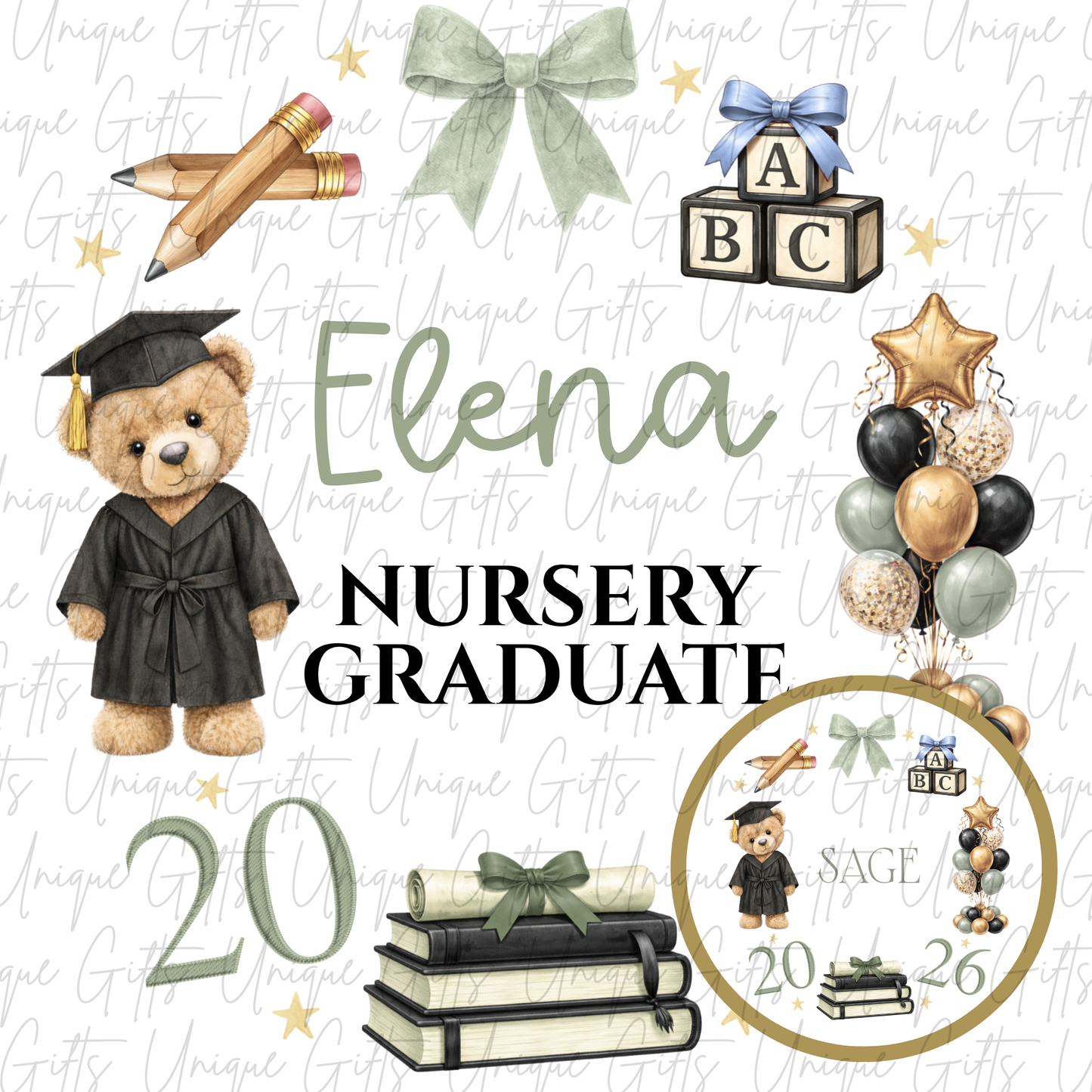 Nursery graduate 2026 card with bear and ABC blocks design with sage green personalised name | Unique Gifts