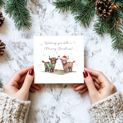 Christmas Card to You Both – Pair of Highland Cows Design, Handmade Personalised Holiday Greeting Card