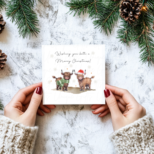 Christmas Card to You Both – Pair of Highland Cows Design, Handmade Personalised Holiday Greeting Card