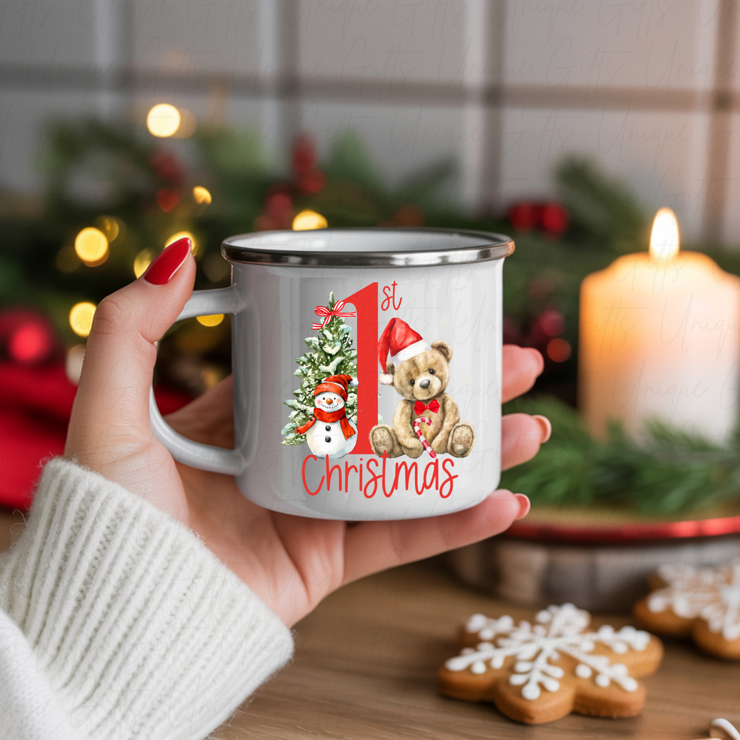 12oz Enamel Mug with Silver Rim – “1st Christmas” Design | Vintage Holiday Mug
