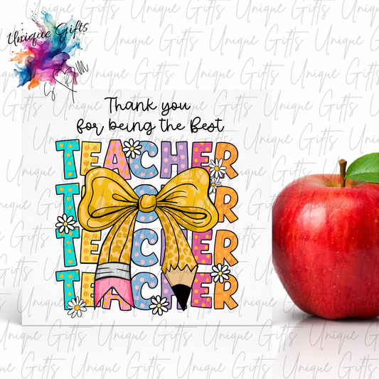 Thank You for Being the Best Teacher Card with retro colourful stacked lettering, golden bow and pencil illustration