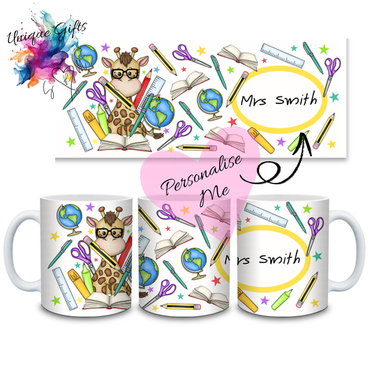 Personalised Giraffe Teacher Mug – Glasses & Stationery Design