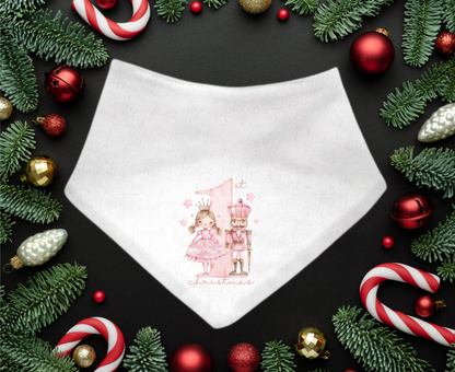1st Christmas Bandana Bib – Pink Nutcracker Design.