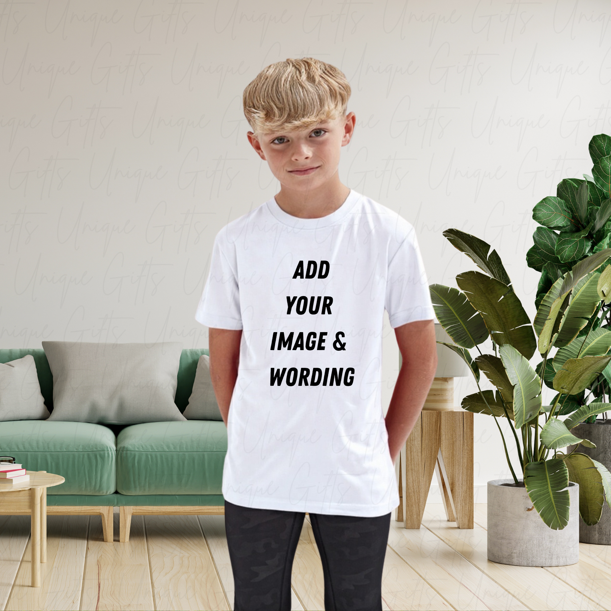 Kids' personalised performance t-shirt worn by boy – add your own image and wording