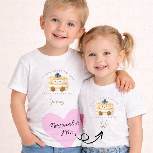 Personalised Daddy's little pancake children's t-shirt – custom name Pancake Day kids tee, sizes 6 months to 5-6 years