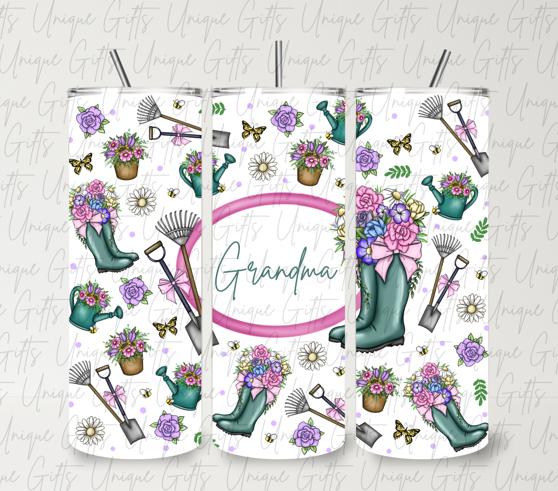 Personalised grandma gardening 20oz skinny tumbler – garden lover gift for grandma, insulated stainless steel with straw