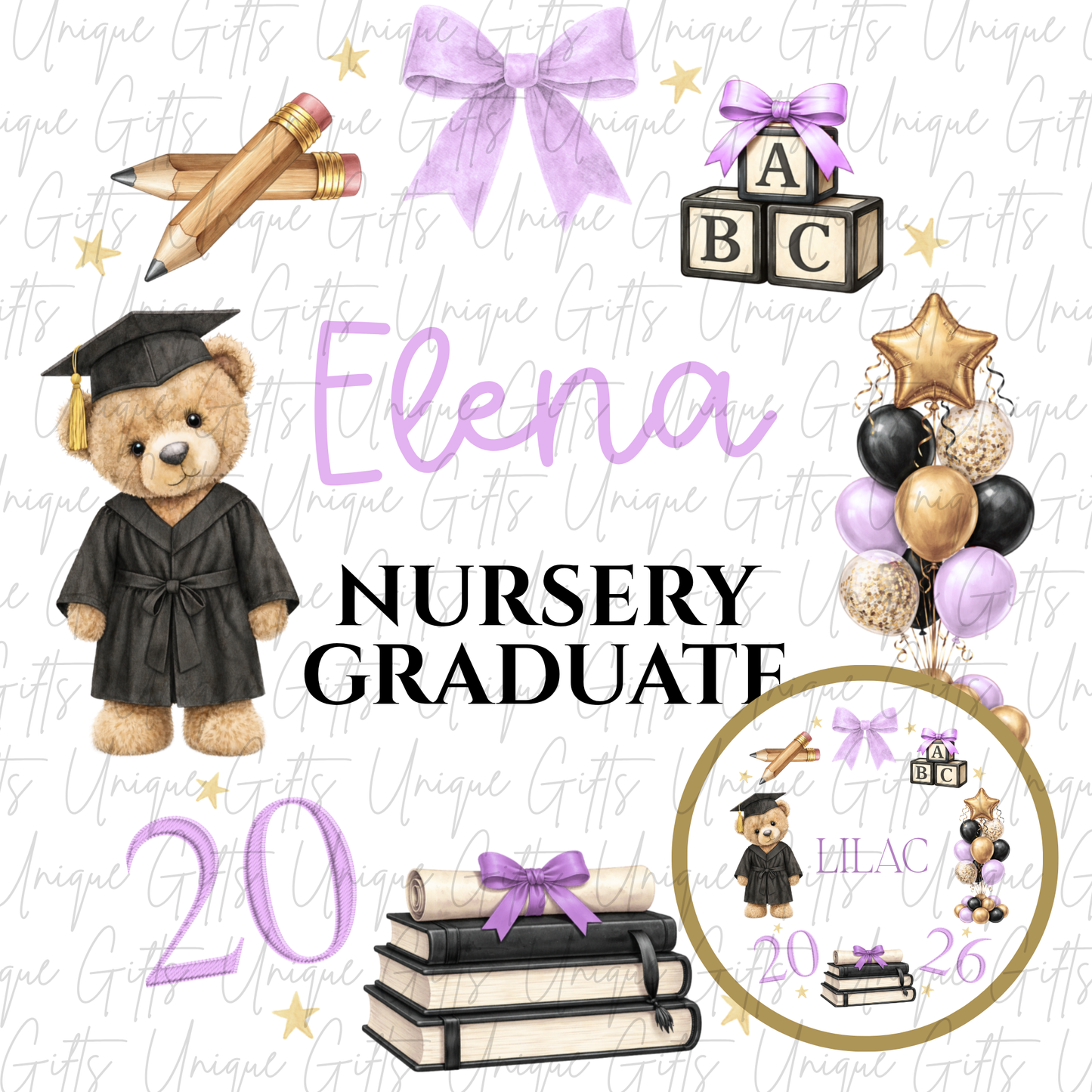 Nursery graduate 2026 card with bear and ABC blocks design with lilac personalised name | Unique Gifts