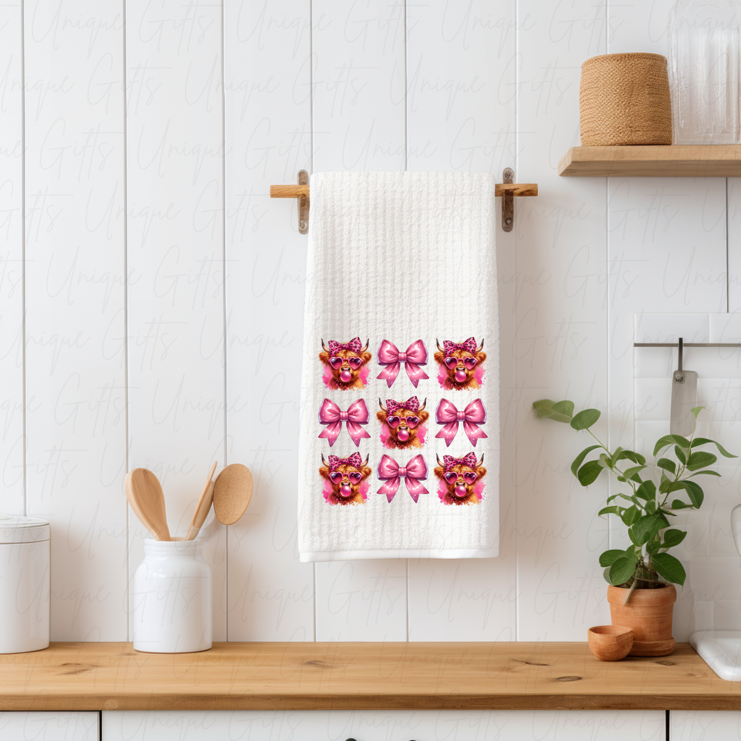 Highland Cow & Bow Kitchen Tea Towel – Waffle Knit