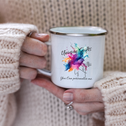 12oz Personalised Enamel Mug with Silver Rim – Add Your Name or Image | Custom Vintage Camping Mug