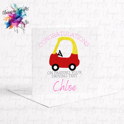 Driving test congratulations card with personalised pink name and toy car design | Unique Gifts