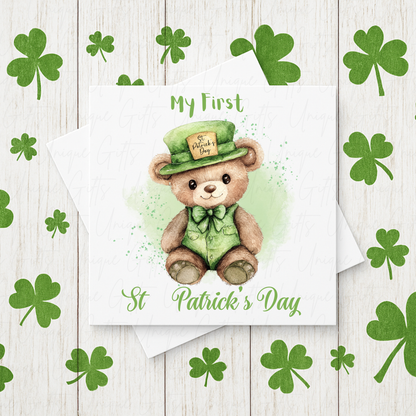 My first St Patrick's Day card – cute bear personalised handmade 6x6 inch Irish greeting card