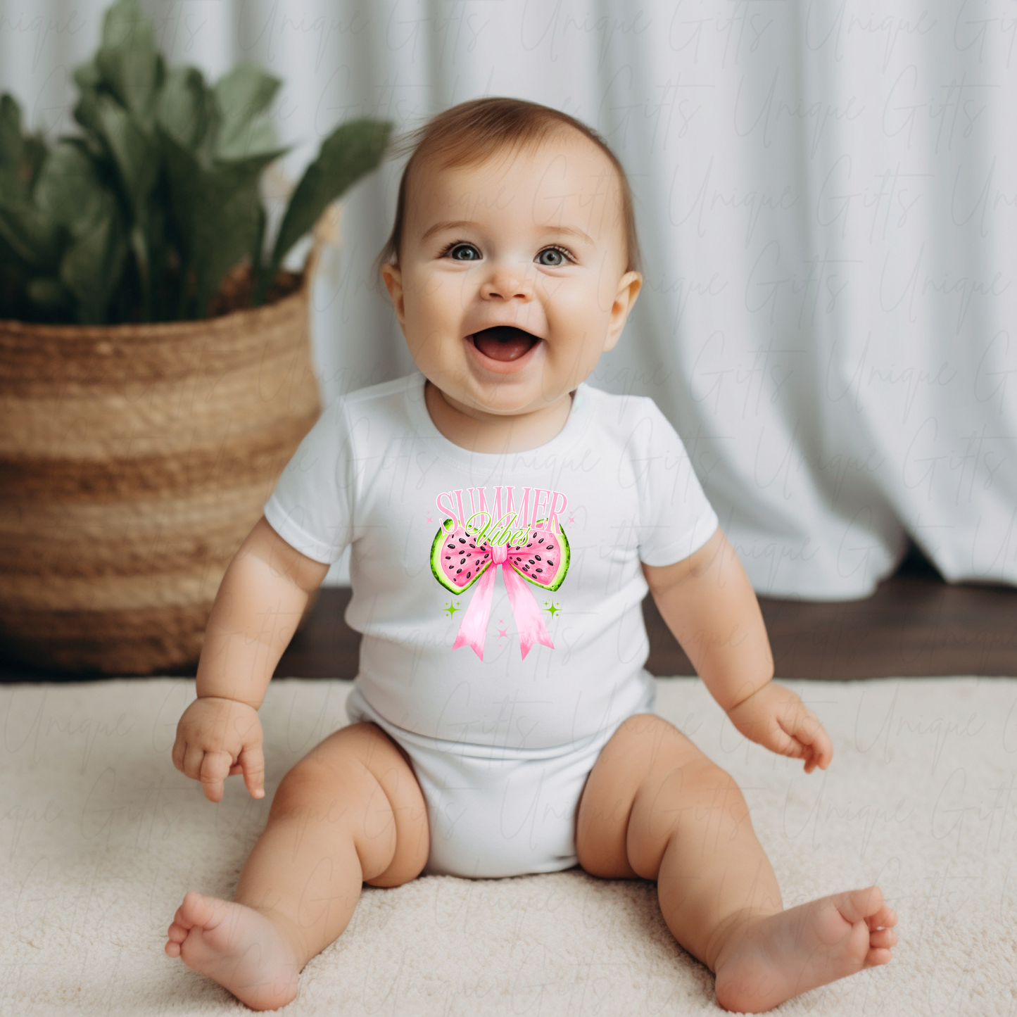 Personalised Summer Vibes Baby Grow – Watermelon Ribbon Design