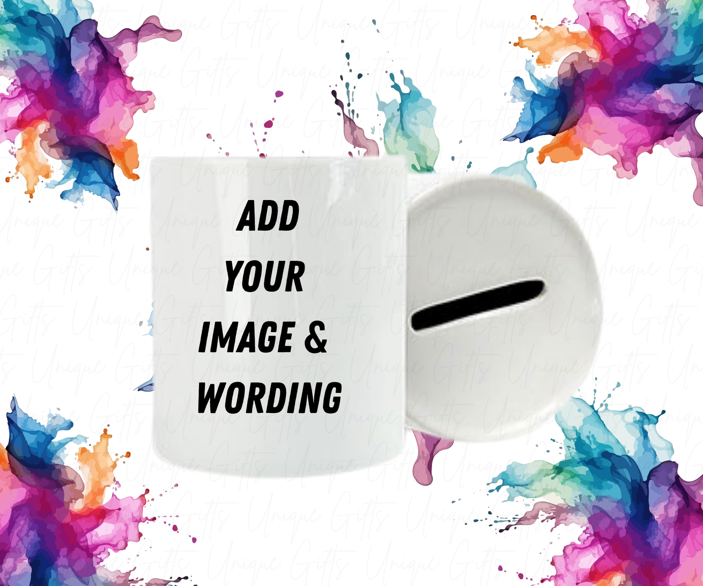 Personalised Ceramic Money Box – White 11oz Cylinder | Custom Piggy Bank with Image or Text & Removable Base