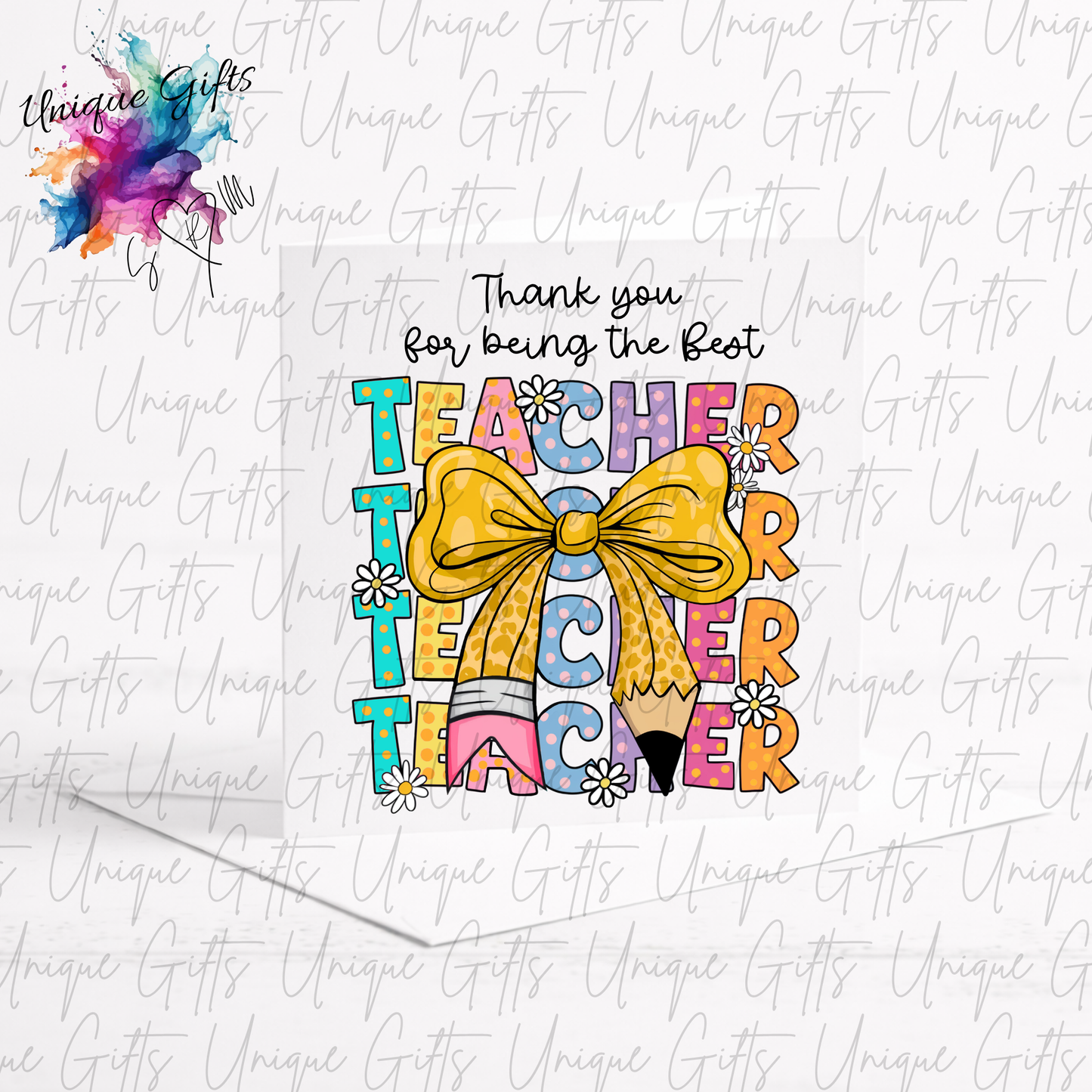 Thank You for Being the Best Teacher Card lifestyle mockup showing card with envelope and colourful retro teacher design