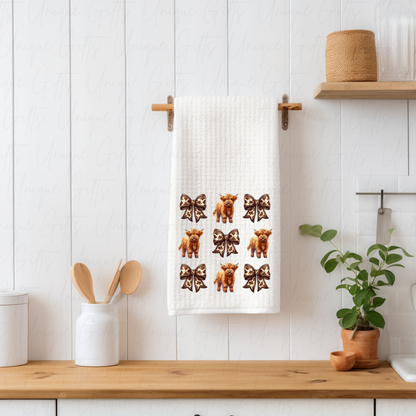 Highland Cow & Bow Kitchen Tea Towel – Waffle Knit