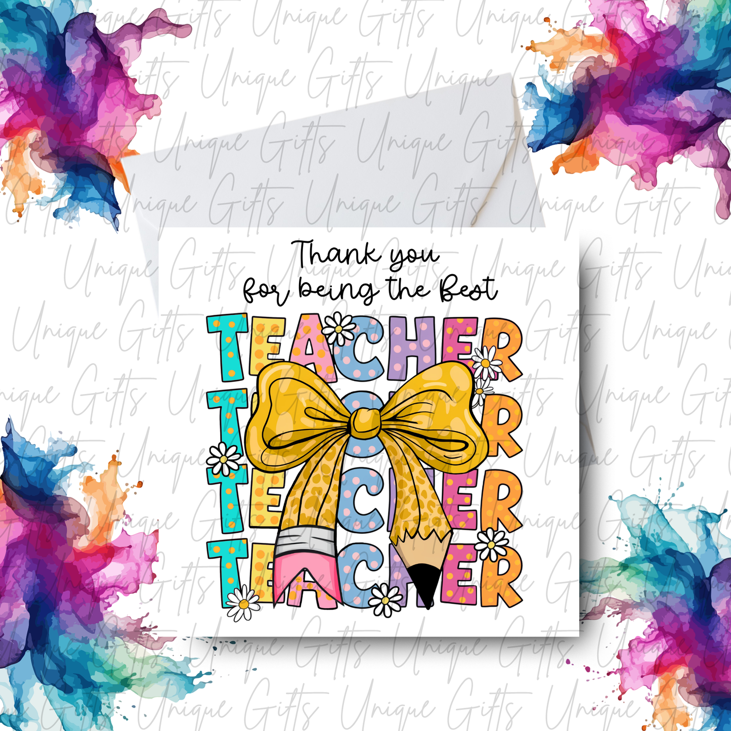 Thank You for Being the Best Teacher Card lifestyle mockup showing card with envelope and colourful retro teacher design