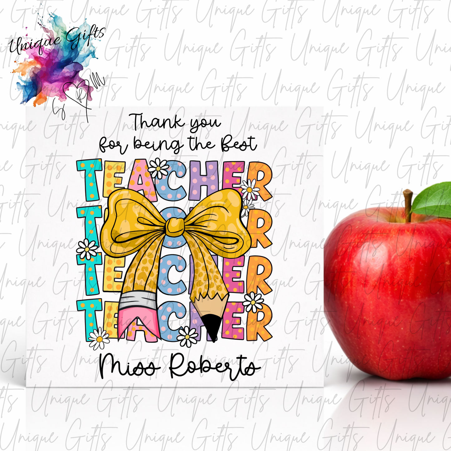 Thank You for Being the Best Teacher Card with retro colourful stacked lettering, golden bow and pencil illustration with name added