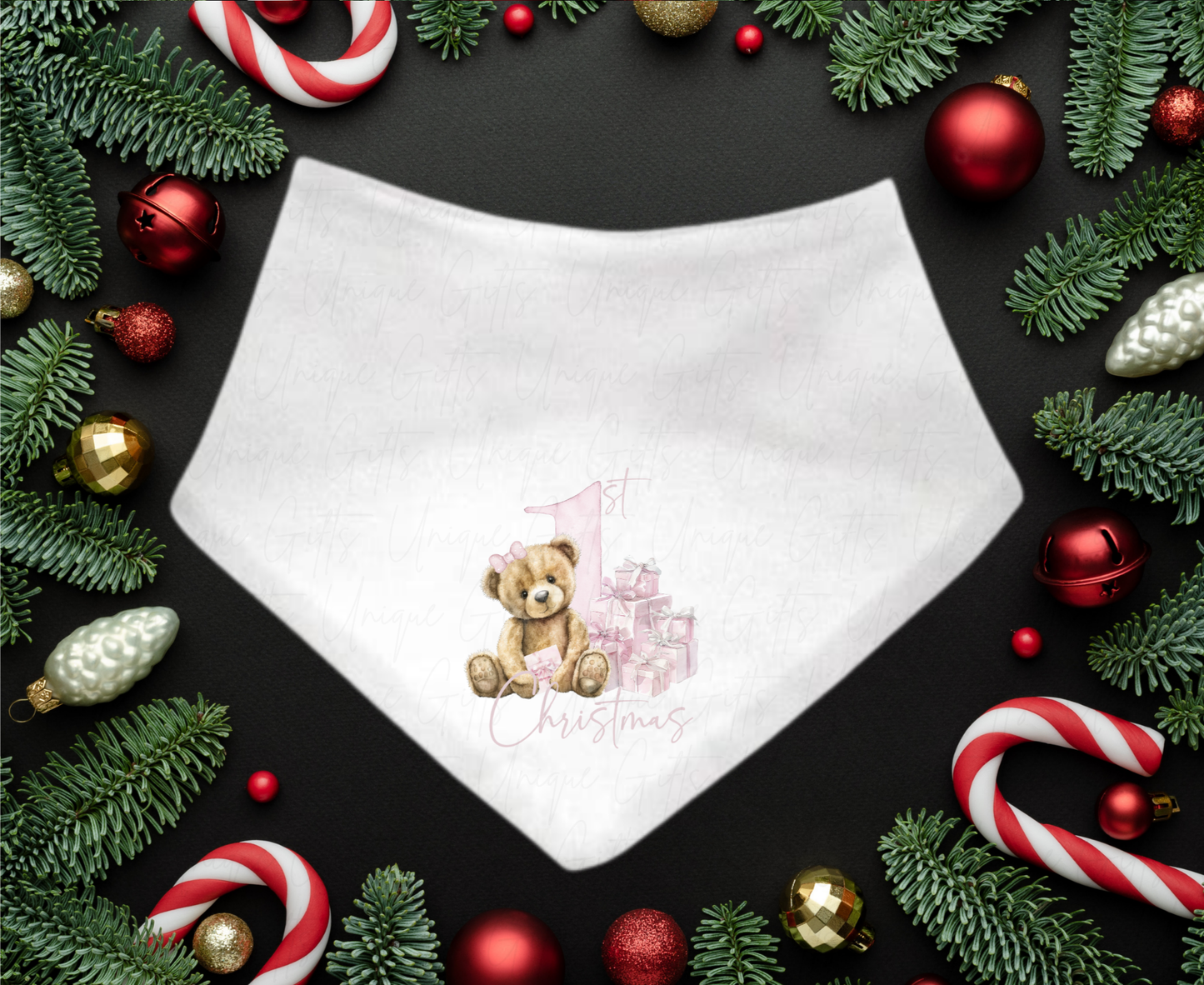 My First Christmas Pink Bear Bandana Bib – Festive Baby Outfit