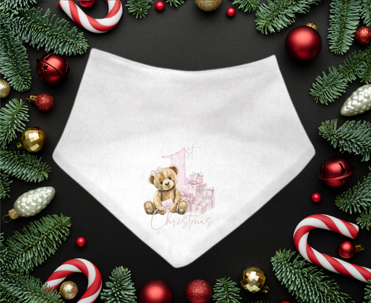 My First Christmas Pink Bear Bandana Bib – Festive Baby Outfit