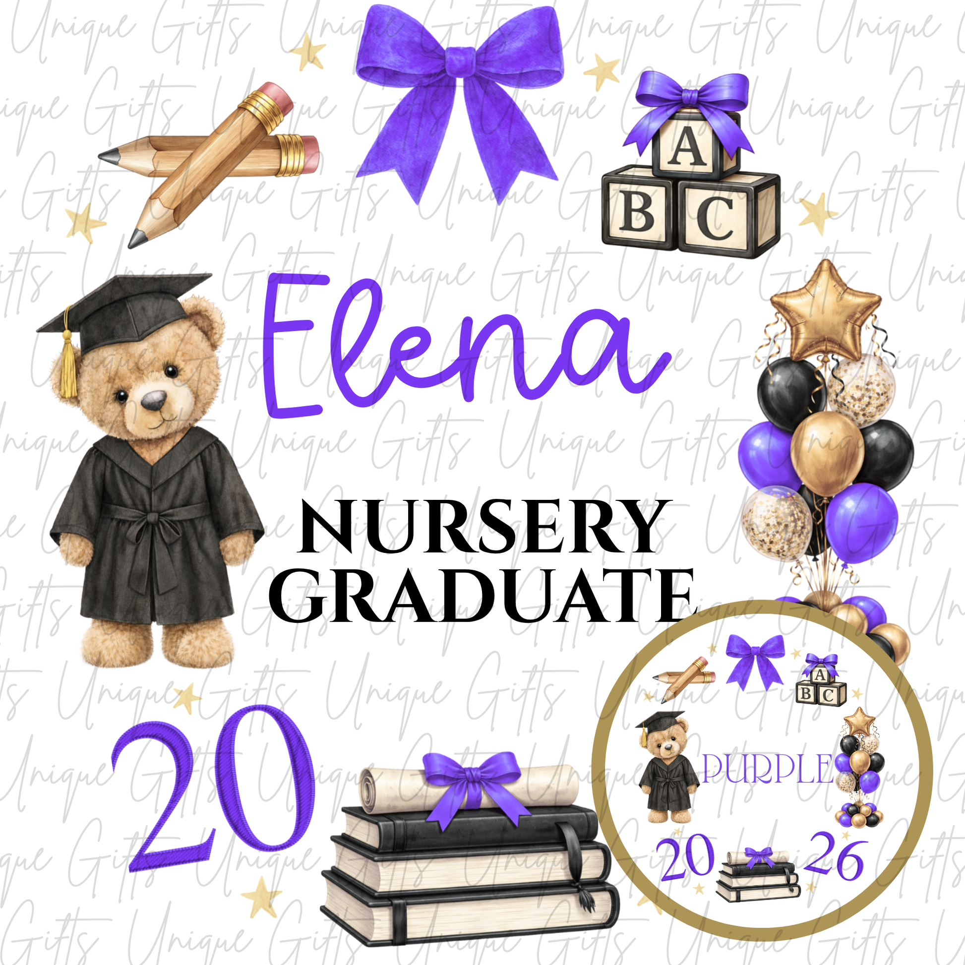 Nursery graduate 2026 card with bear and ABC blocks design with purple personalised name | Unique Gifts