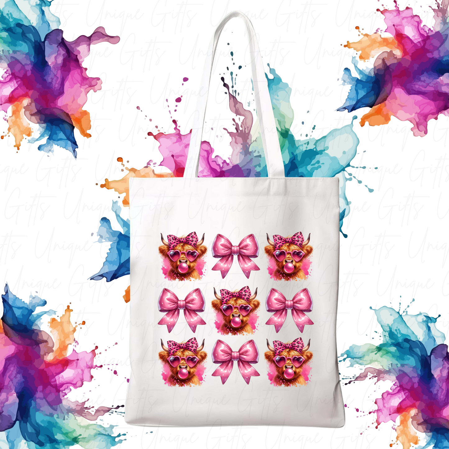 White Tote Bag – Highland Cow Bow Design, Reusable Everyday Bag