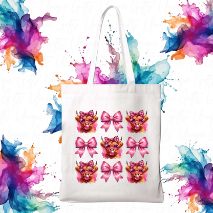 White Tote Bag – Highland Cow Bow Design, Reusable Everyday Bag