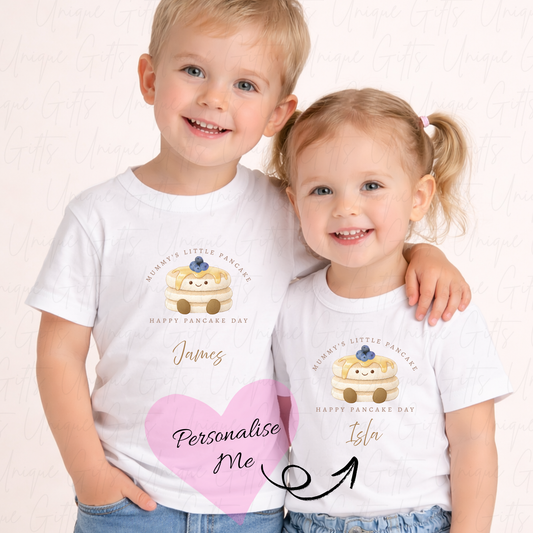 Personalised Mummy's little pancake children's t-shirt – custom name Pancake Day kids tee, sizes 6 months to 5-6 years