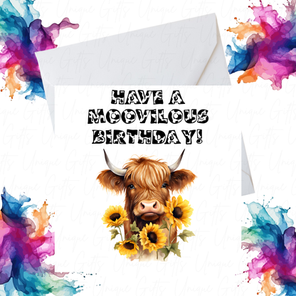Birthday card with a cow and sunflowers surrounded by colourful abstract designs.