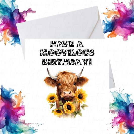 Birthday card with a cow and sunflowers surrounded by colourful abstract designs.