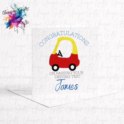 Driving test congratulations card with personalised blue name and toy car design | Unique Gifts