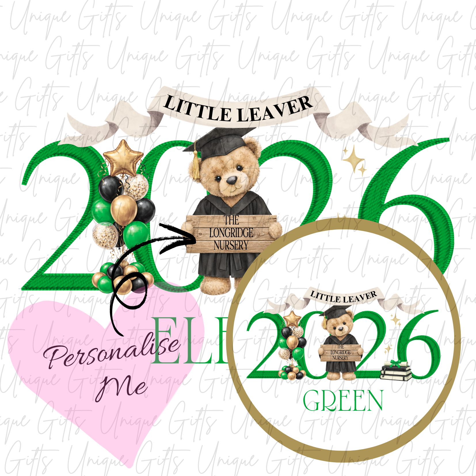 Nursery graduate 2026 card with bear and ABC blocks design with green personalised name | Unique Gifts