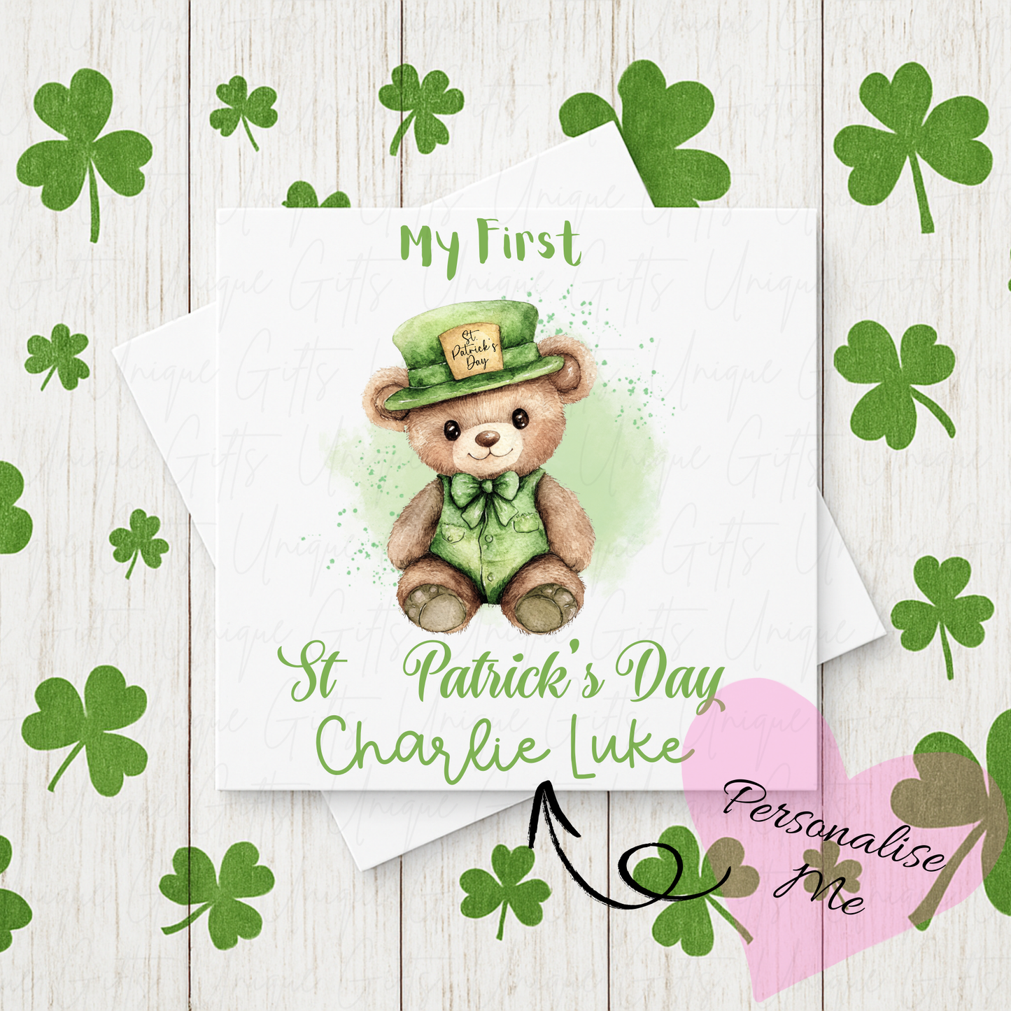 My first St Patrick's Day card – cute bear personalised handmade 6x6 inch Irish greeting card