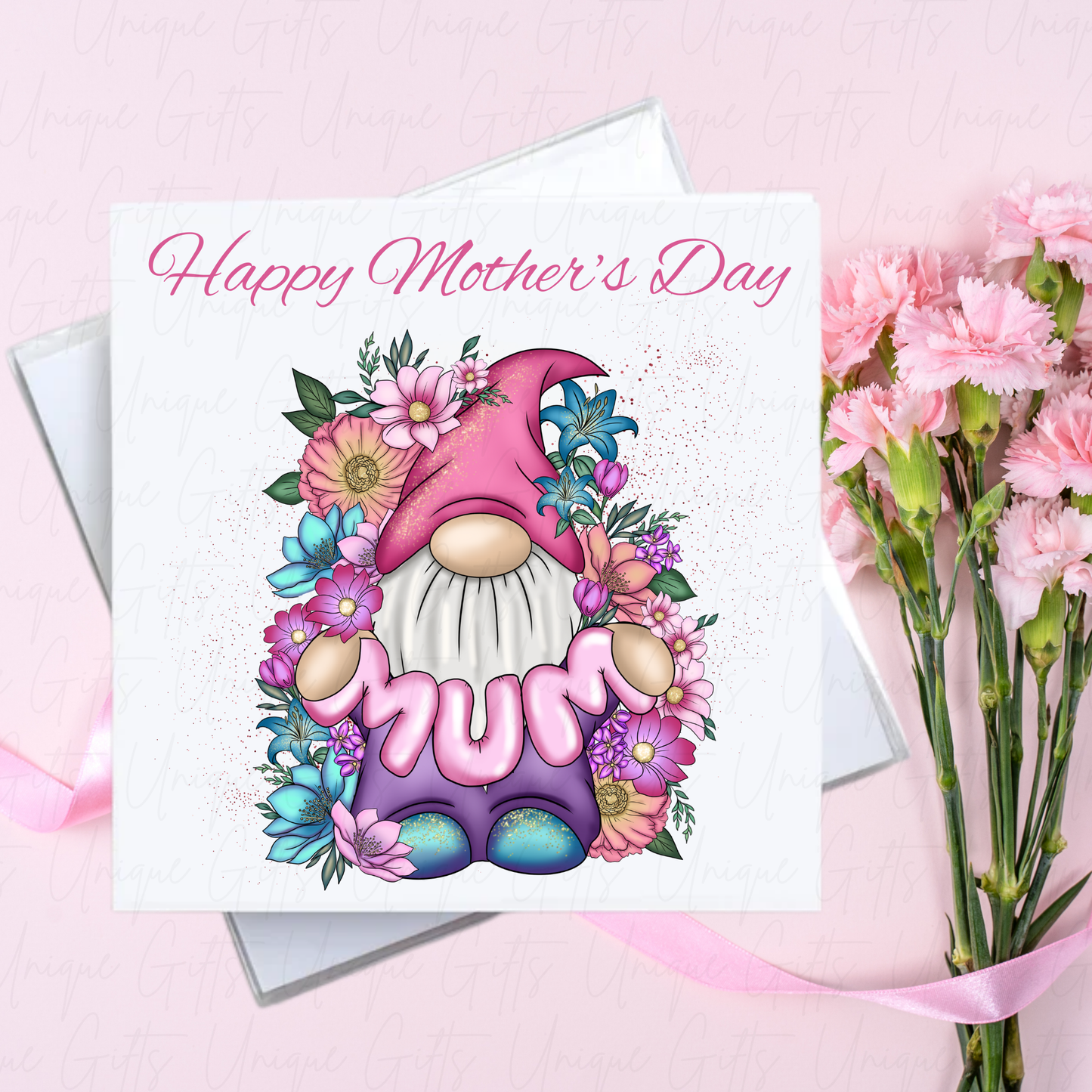 Personalised Mother's Day Card – Flower Gonk Holding MUM – With Envelope
