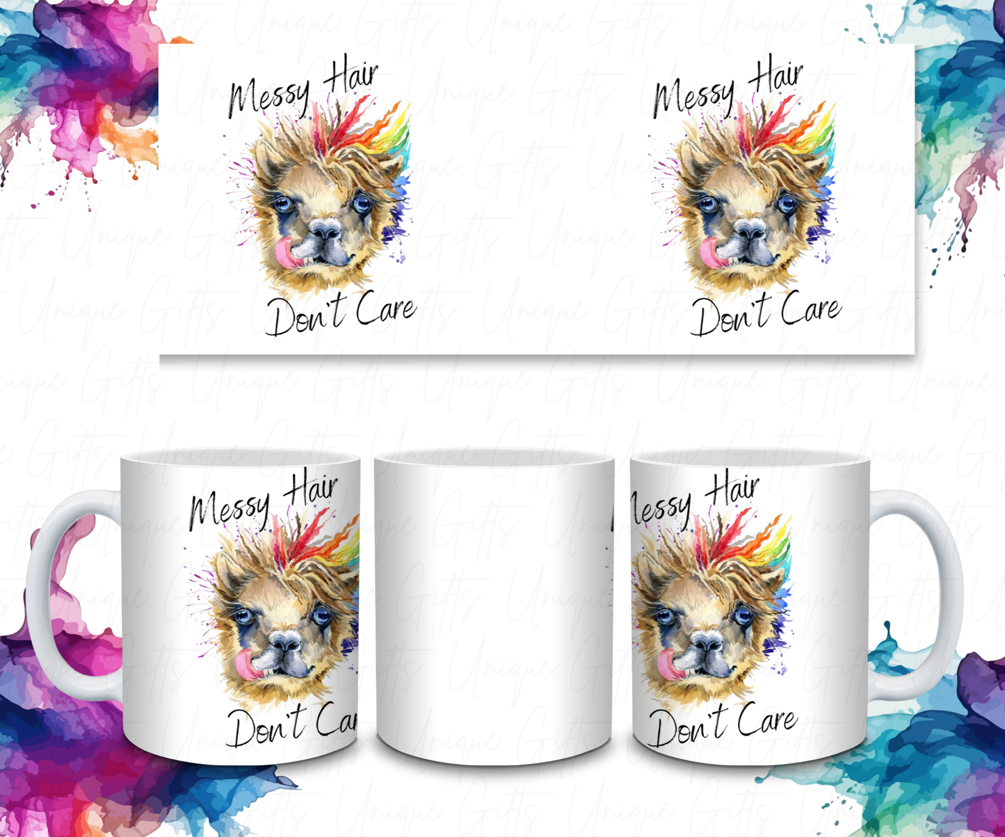 Coffee Mug Featuring Llama, Messy Hair, Don't Care.