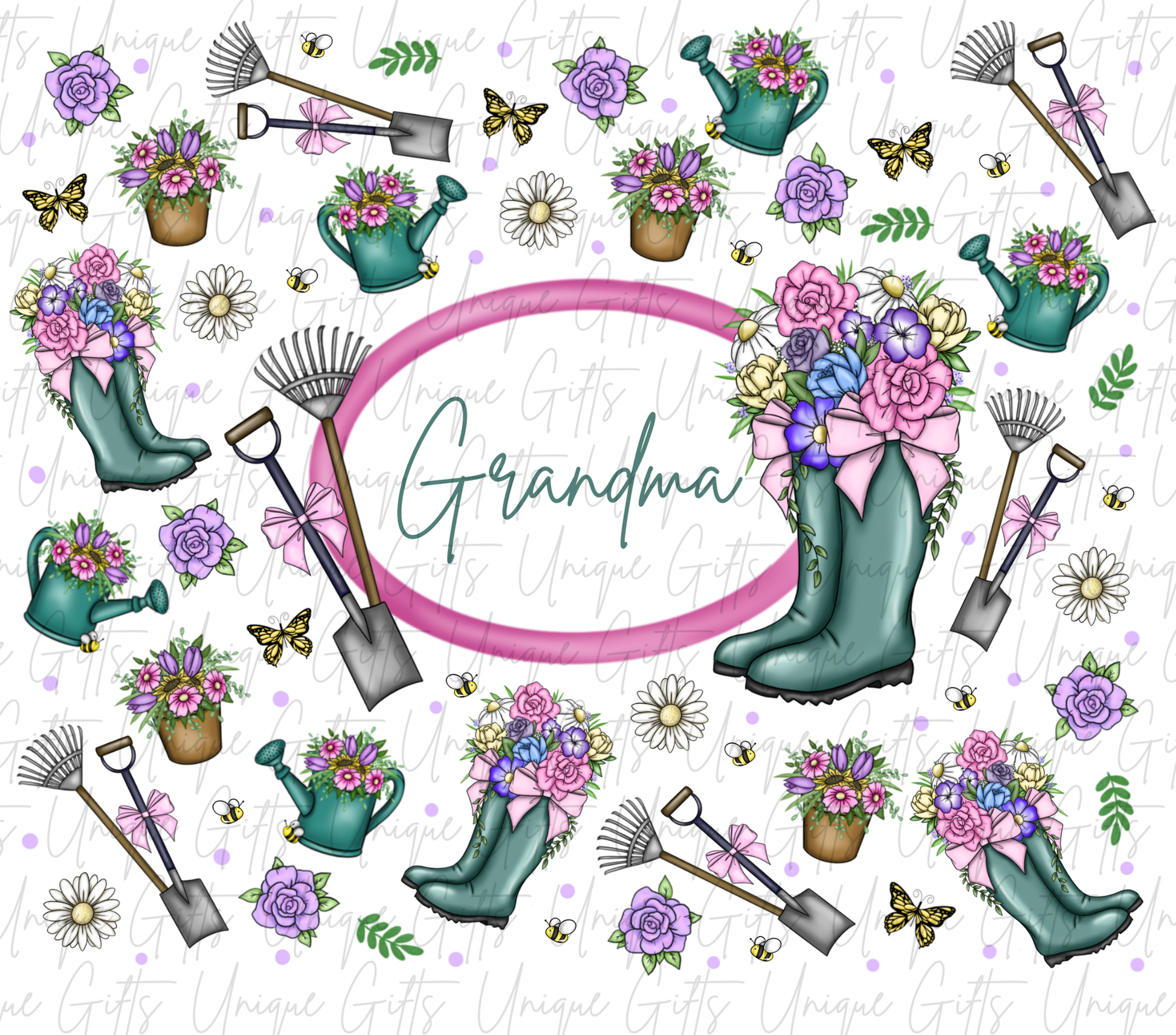 Grandma gardening tumbler close up – floral pastel design, personalised grandma gift