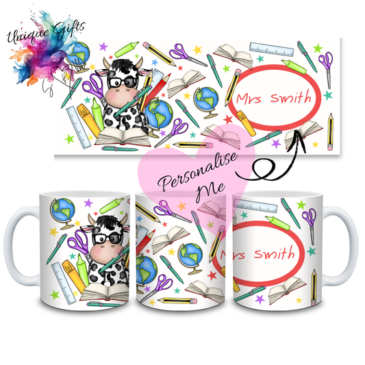 Personalised Cow Teacher Mug – Glasses & Stationery Design