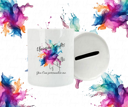 Personalised Ceramic Money Box – White 11oz Cylinder | Custom Piggy Bank with Image or Text & Removable Base