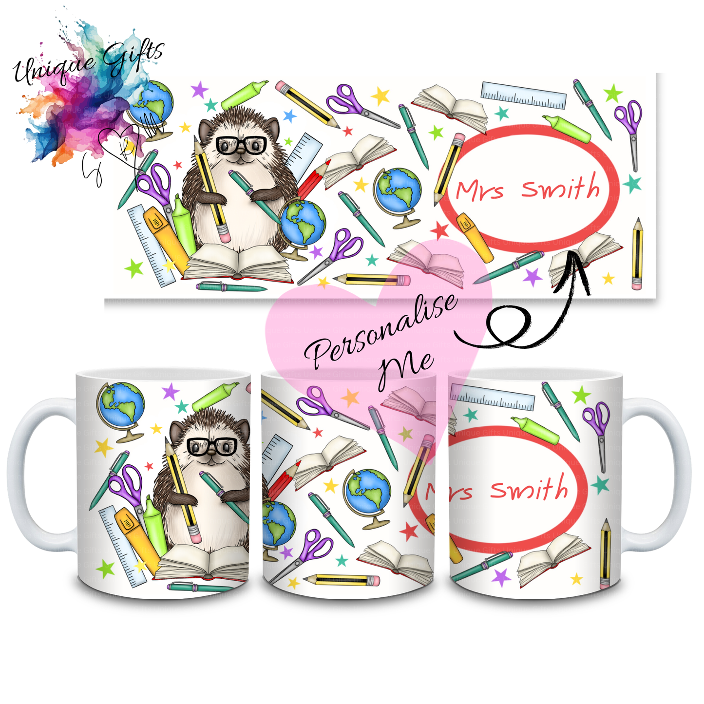 Personalised Hedgehog Teacher Mug – Glasses & Stationery Design