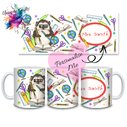Personalised Hedgehog Teacher Mug – Glasses & Stationery Design