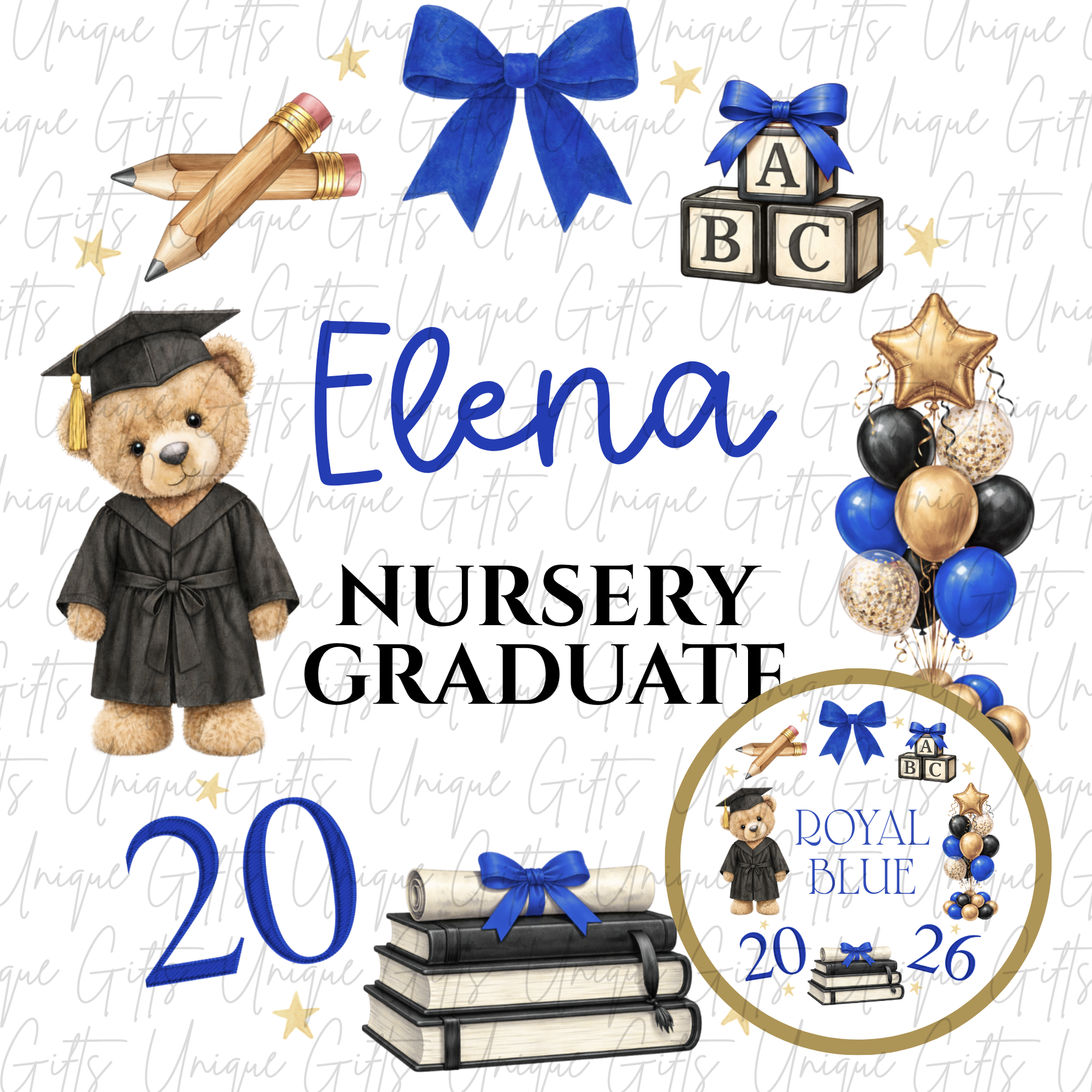 Nursery graduate 2026 card with bear and ABC blocks design with royal blue personalised name | Unique Gifts